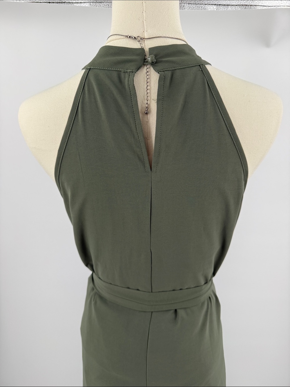 Sleeveless Olive Halter Maxi Dress with Waist Tie - Picture 7 of 9